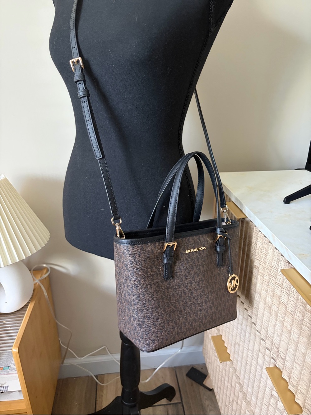 Michael Kors Brown and Black Signature Tote with Gold Hardware